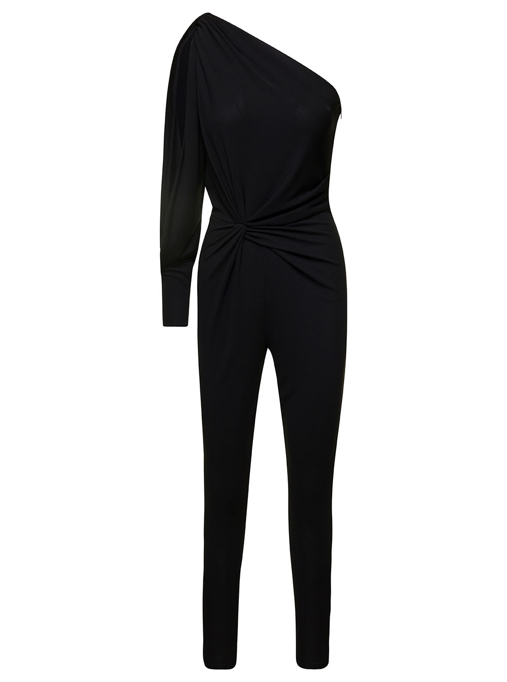 Shop Saint Laurent Black One-shoulder Jumpsuit With Side Gathering In Jersey Woman