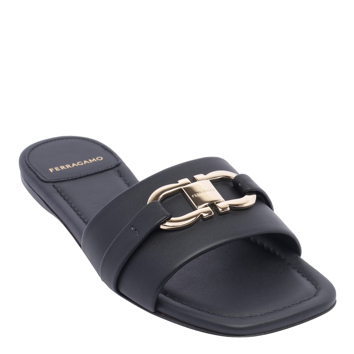 Ferragamo Leather Slides With Flat Sole And Gold-tone Hardware In Black