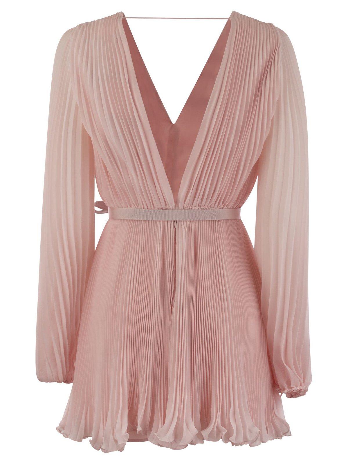Shop Max Mara V-neck Pleated Mini Dress In Pink