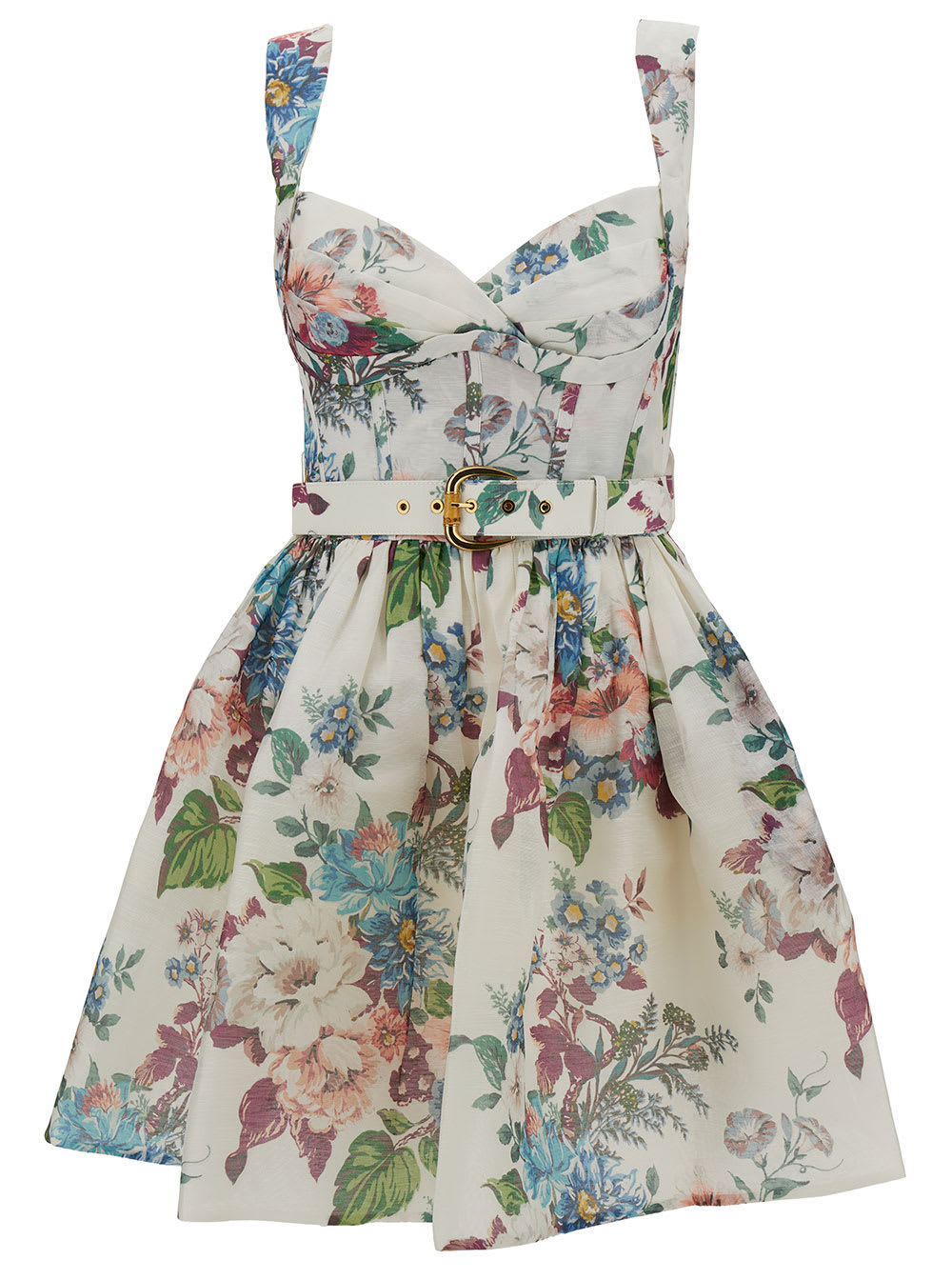 Shop Zimmermann Mini Multicolor Dress With Belt And Floreal Print In Linen And Silk Woman