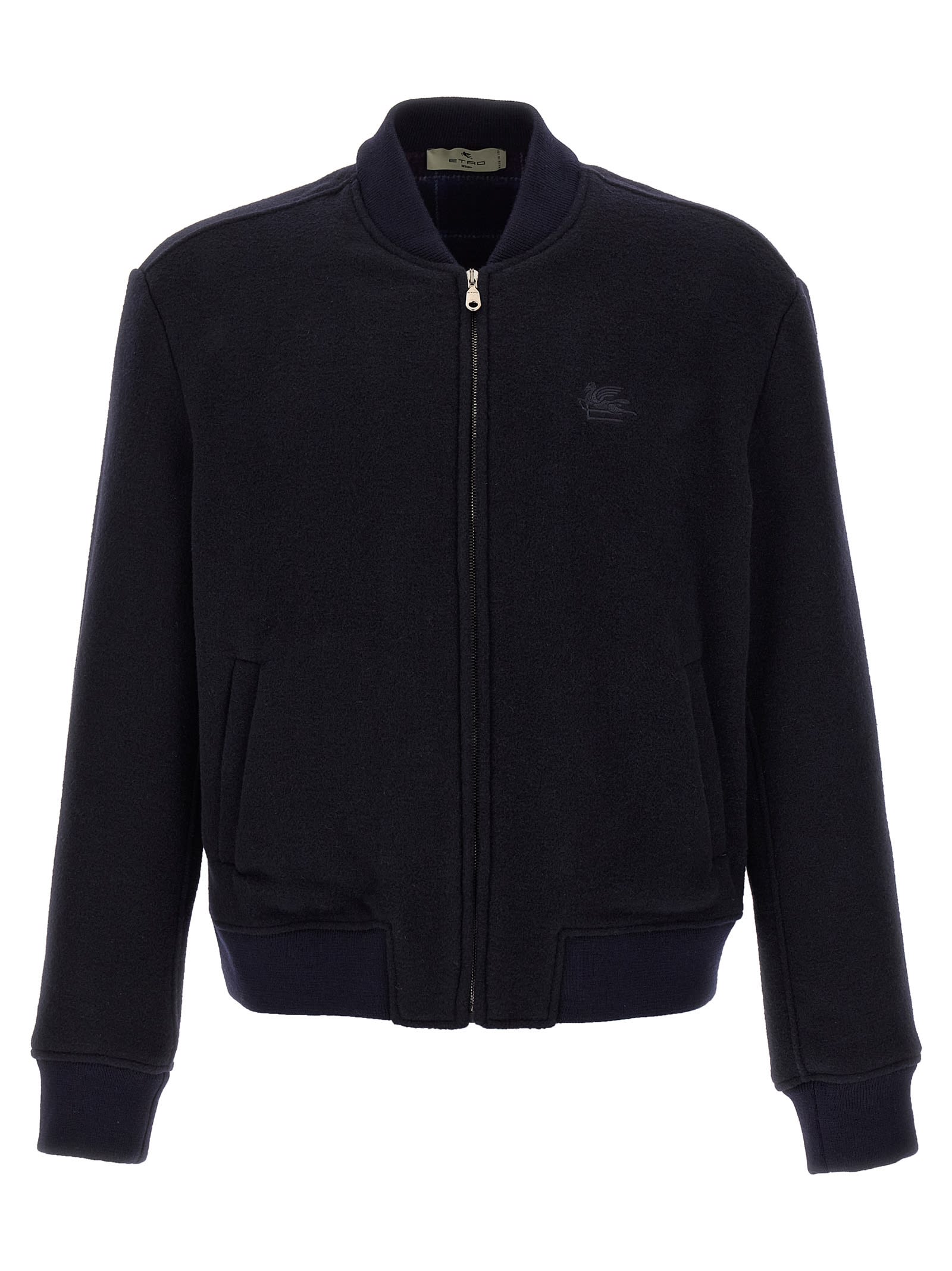 Etro Navy Blue Bomber Jacket With Embroidered Logo And Zip Fastening In Black