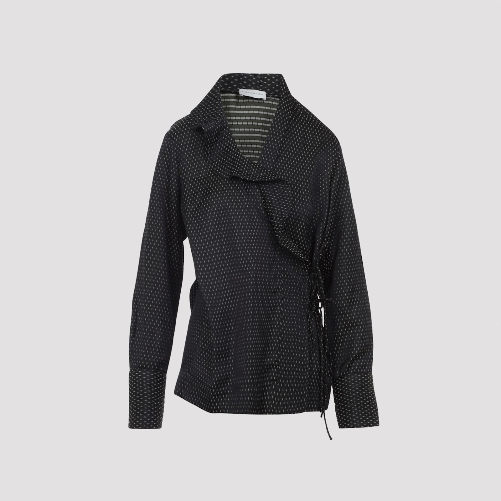 Dries Van Noten Long Sleeve Wrap Shirt With Ruffled Collar In Black