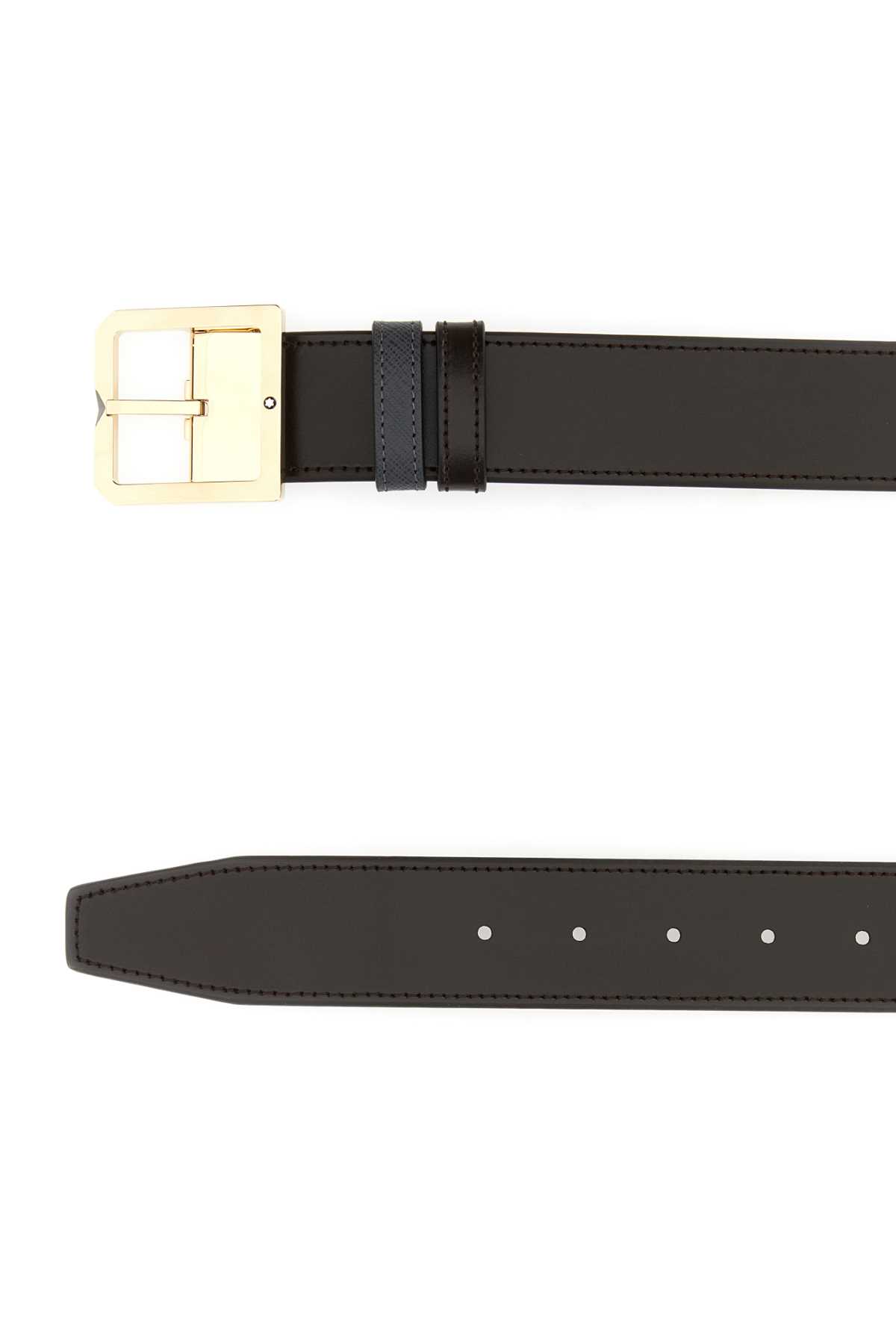 Montblanc Dark Brown Leather Reversible Belt In Darkbrowngrey