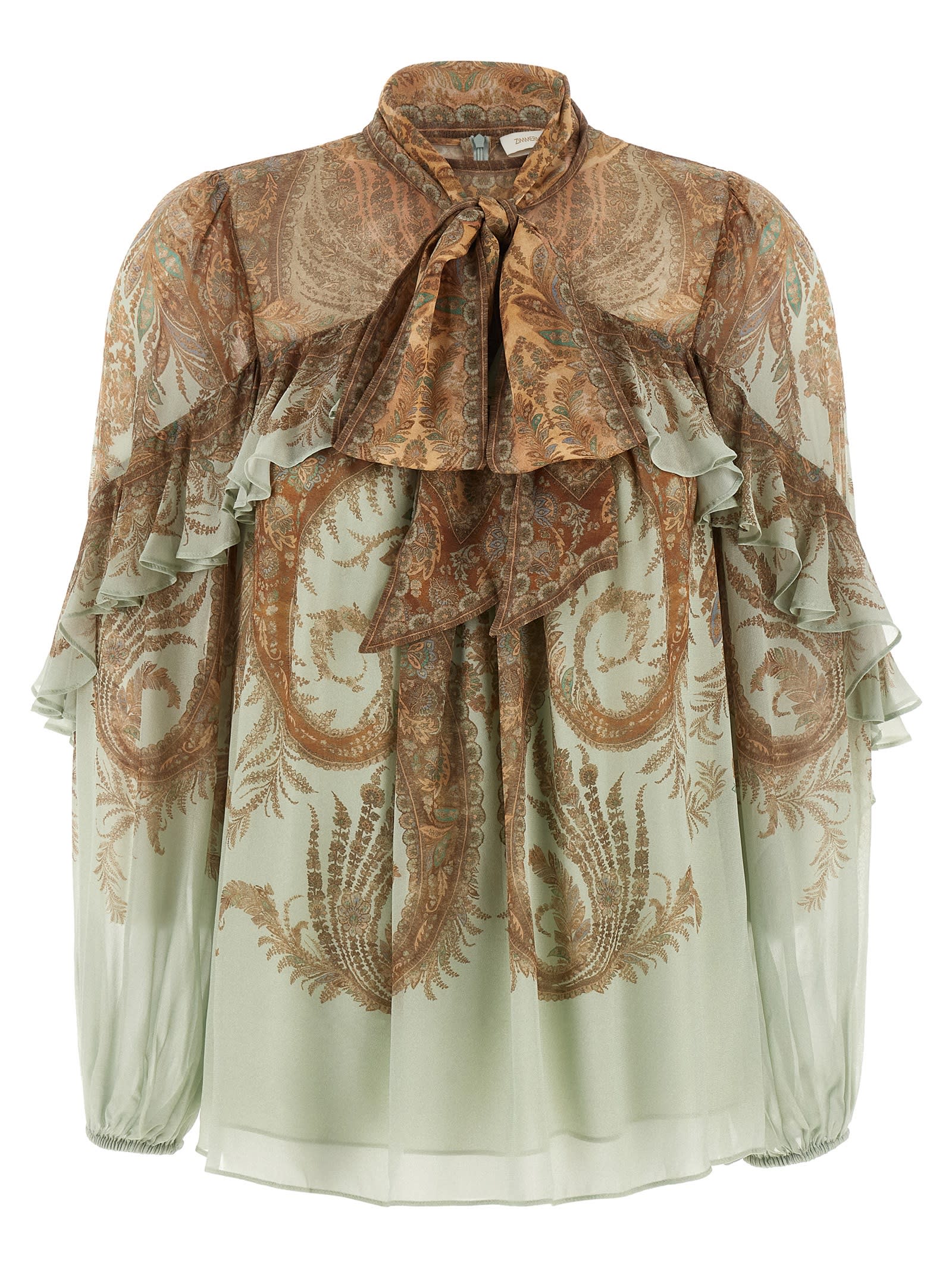 Zimmermann Memento Flutter Paisley Pussy Bow Top In Brown