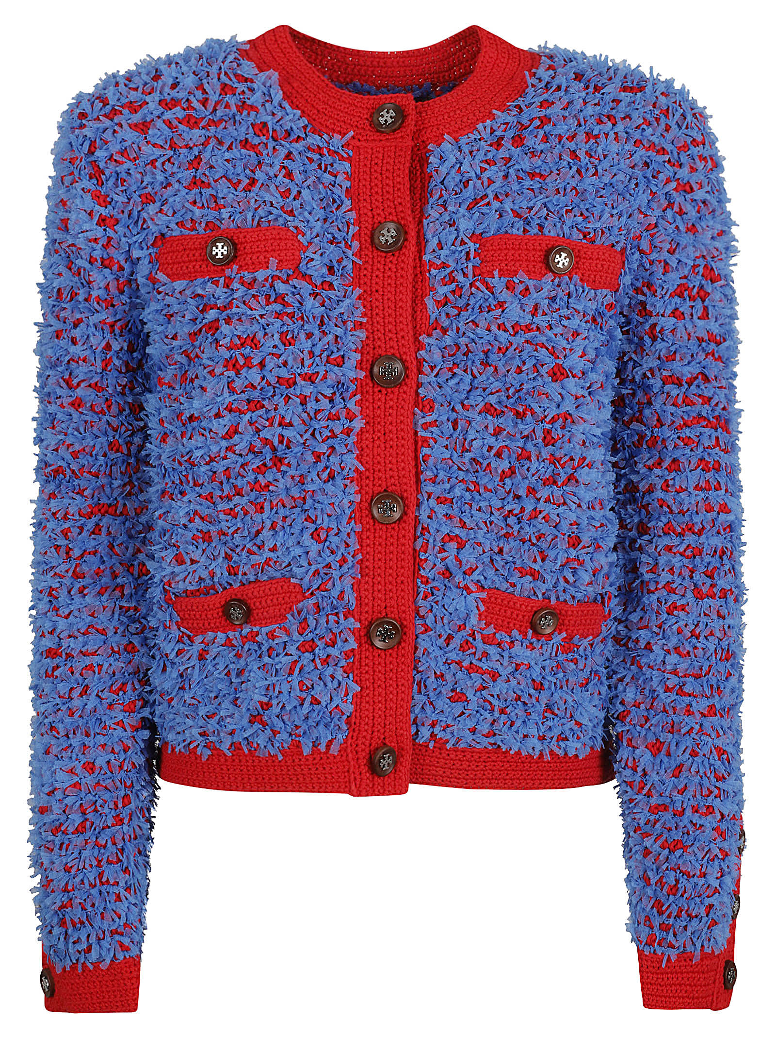 Shop Tory Burch Confetti Kendra Cardigan In Blue Cosmo/red Chili