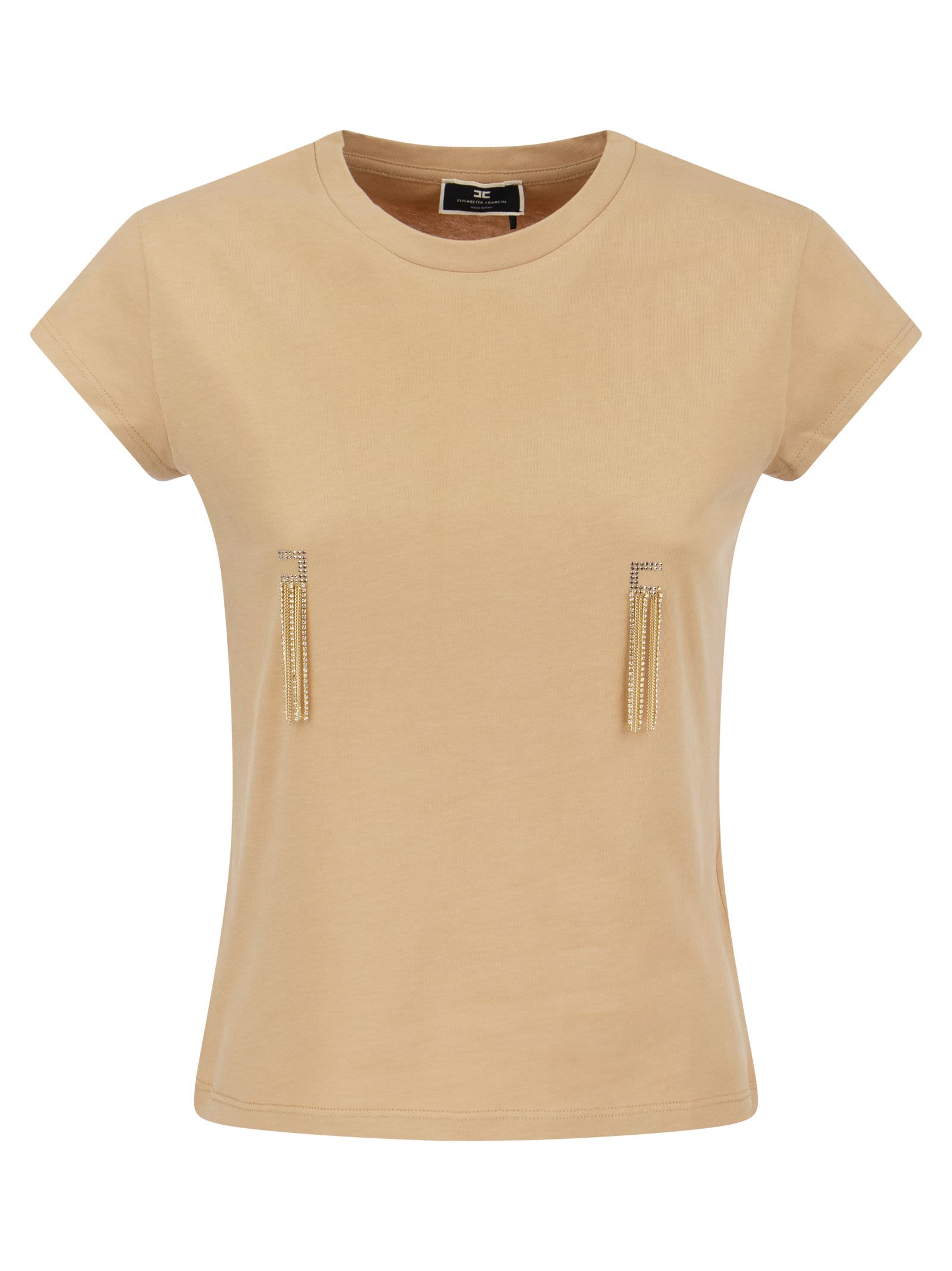 Elisabetta Franchi Crew-neck T-shirt With Rhinestones And Chain Fringe
