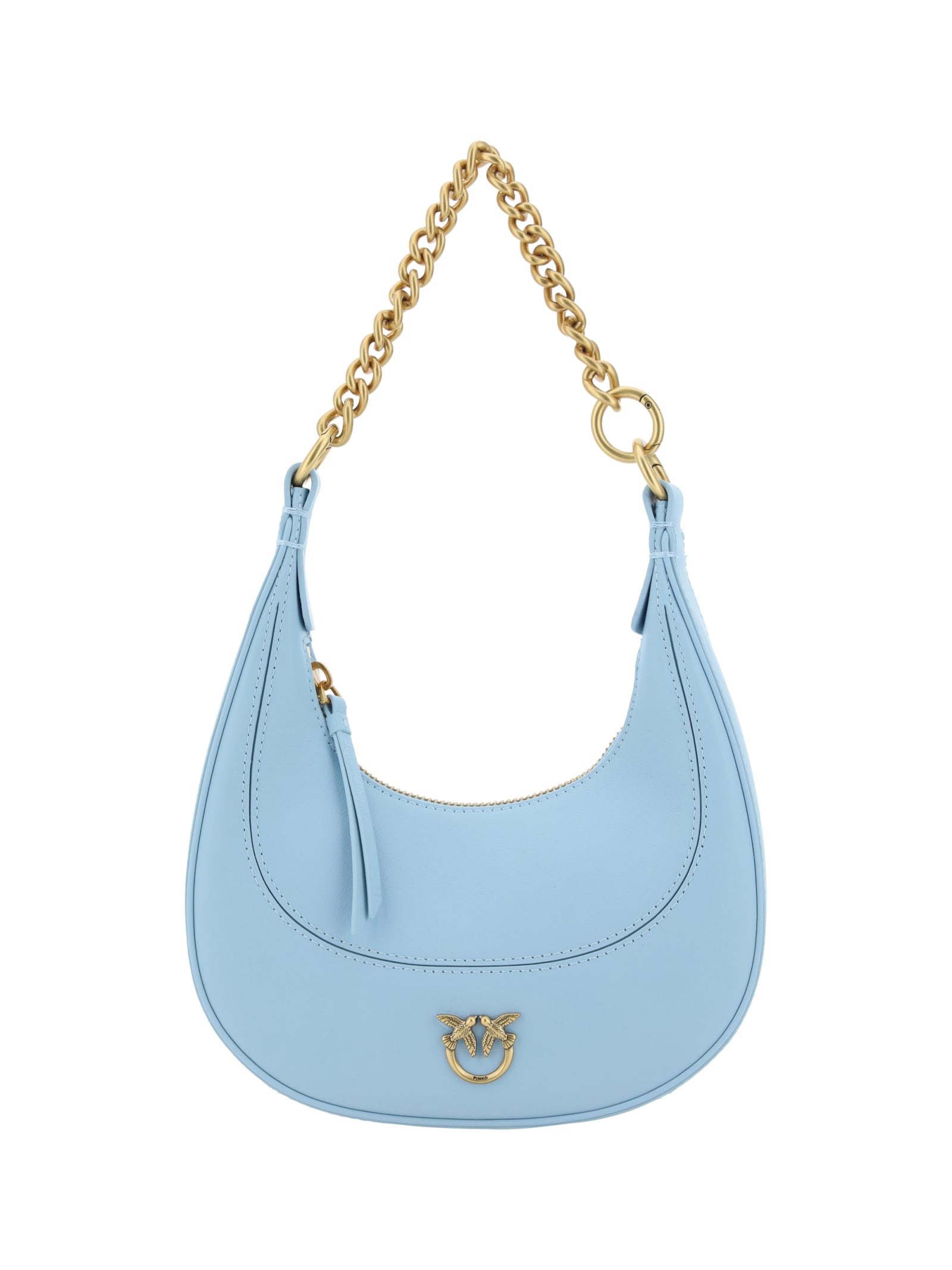 Shop Pinko Hobo Mini Brioche Shoulder Bag In Cool Blue-antique Gold