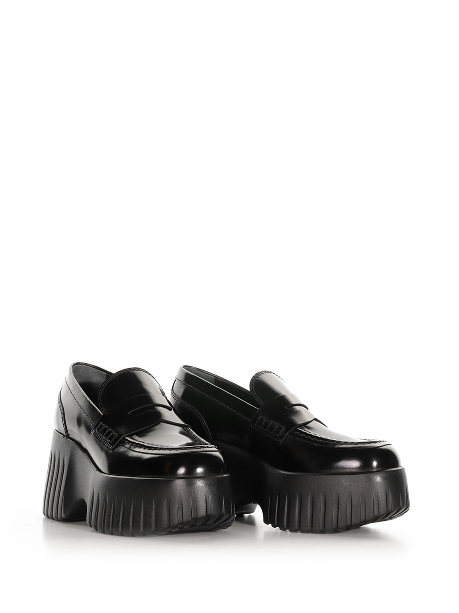 Hogan H-stripes Wedge Leather Loafers In Black