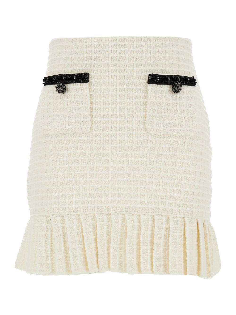 Shop Self-portrait Mini White Skirt With Pleated Hem In Tweed Woman In Beige