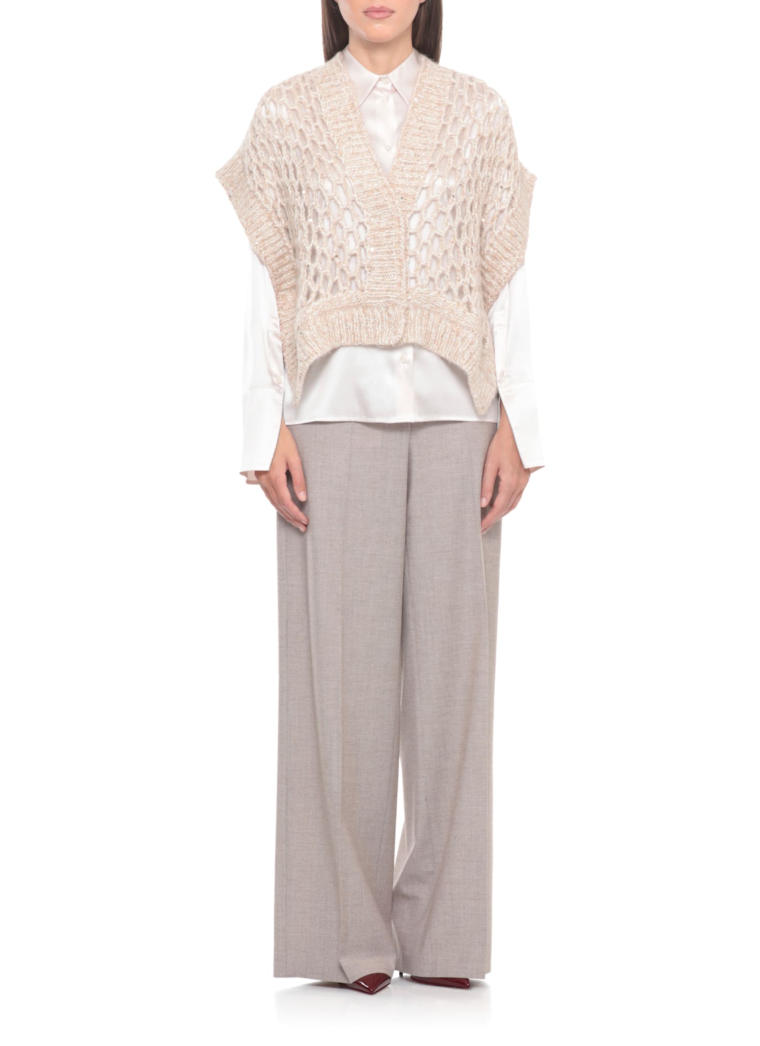 Peserico Sleeveless Open Knit Sweater Featuring Sequins In Neutral