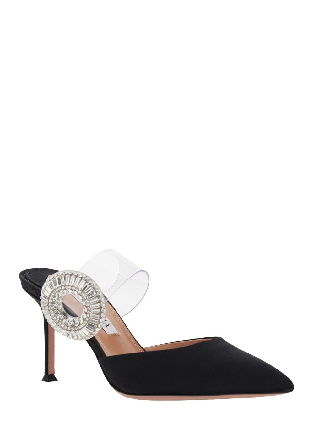 Aquazzura Black Slingback Mules With Crystal Embellishment And Transparent Strap In Suede Woman In Black