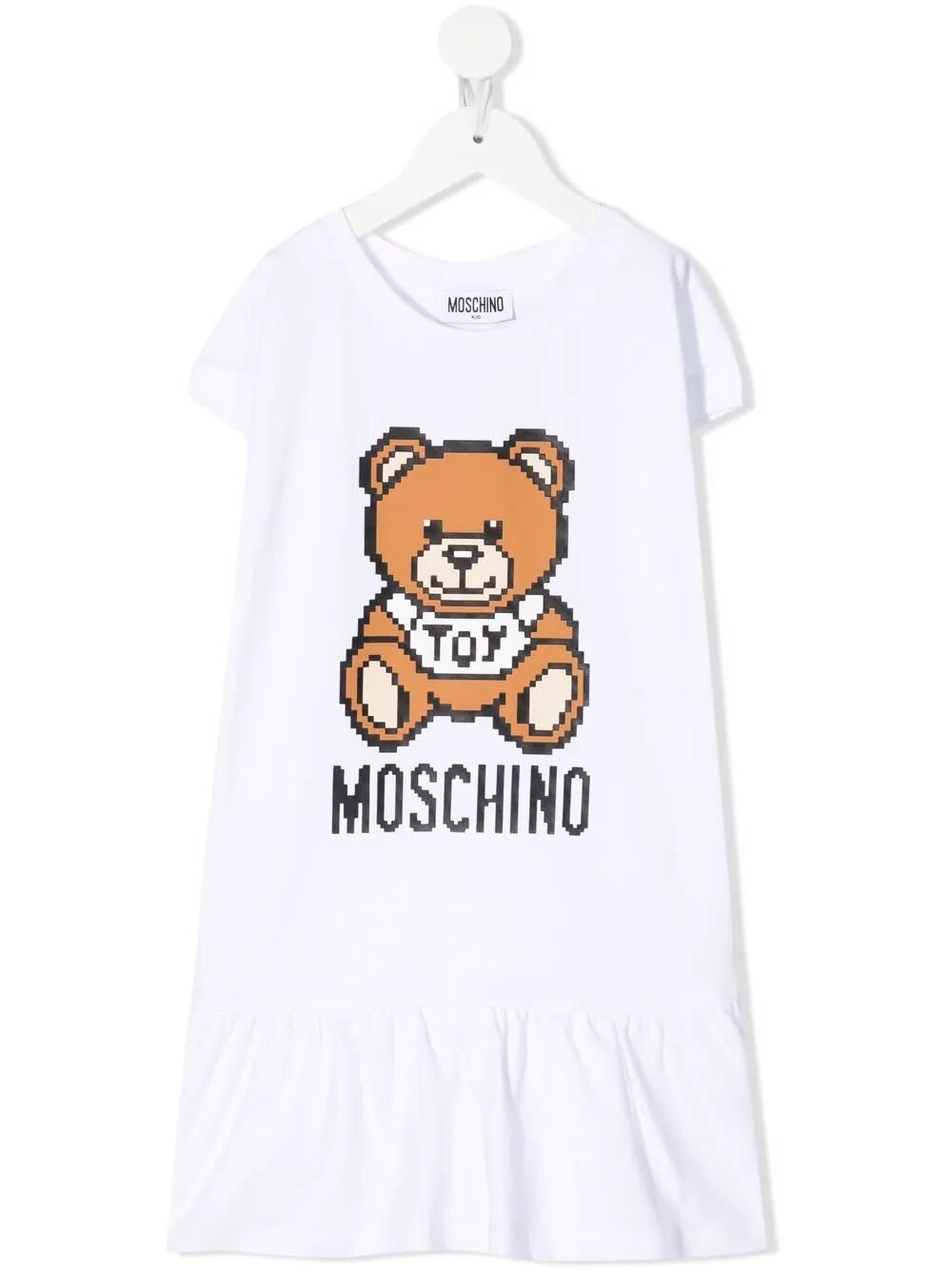 MOSCHINO KIDS DRESS IN WHITE COTTO FLEECE WITH LOGO AND PIXELATED TEDDY BEAR