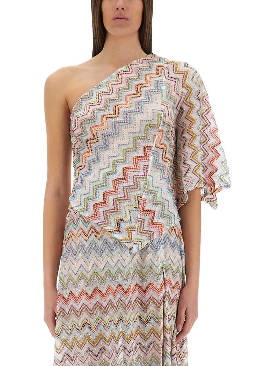 Shop Missoni One-shoulder Top With 3d Lamé Zig Zags In Multicolour