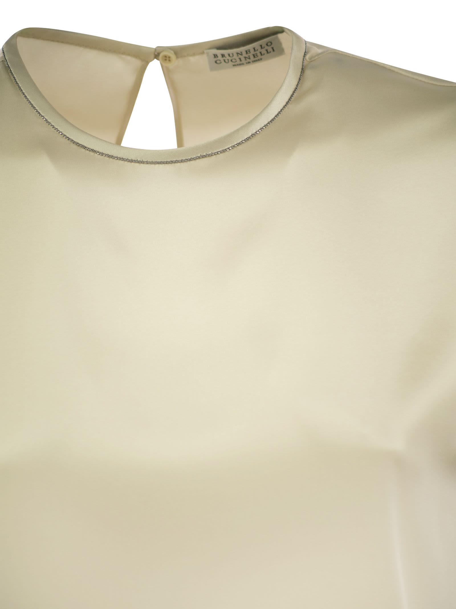 Shop Brunello Cucinelli Stretch Silk Satin T-shirt With Necklace In Cream