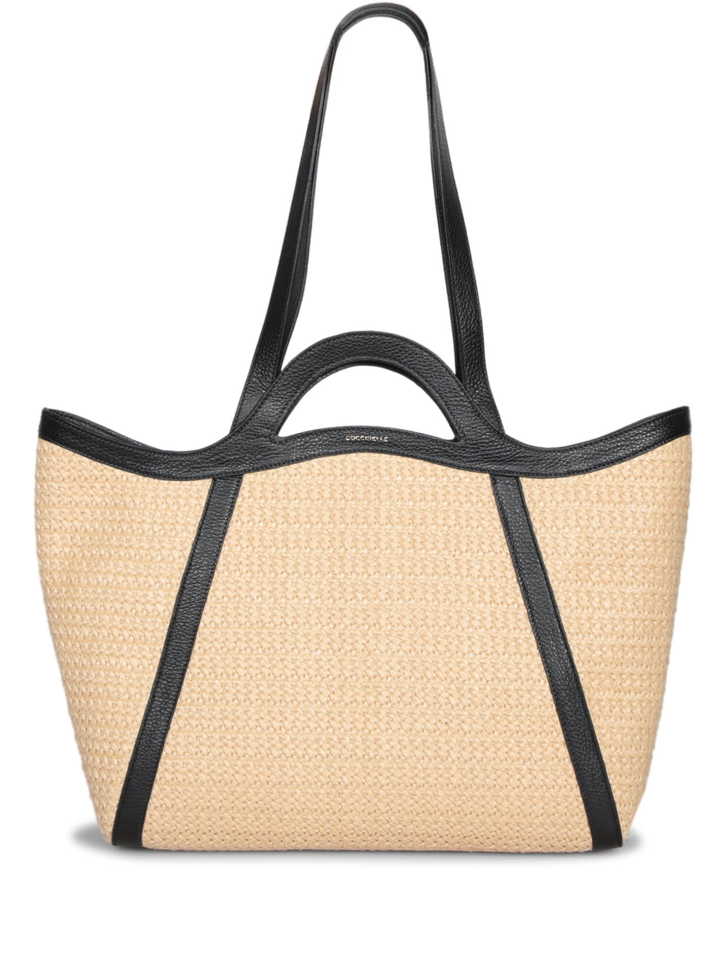COCCINELLE AMALIA RAFFIA TOTE BAG NUDE AND BLACK