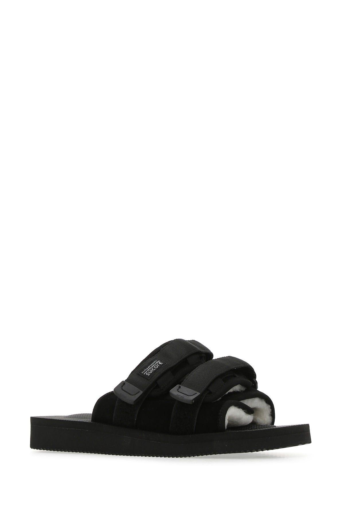 Shop Suicoke Black Suede Moto Slippers