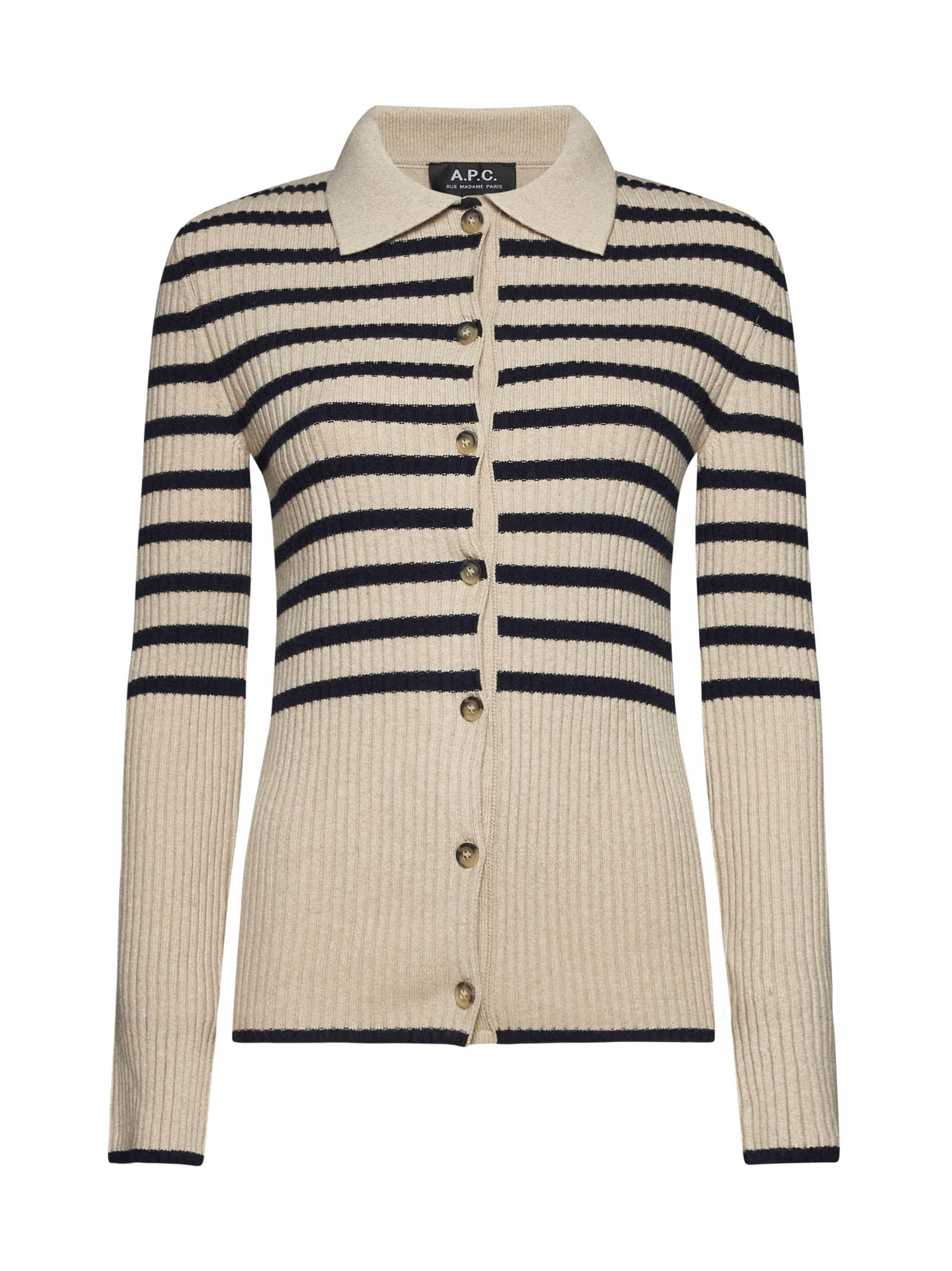 Apc Mallory Striped Ribbed-knit Cardigan In Ecru/dark Navy