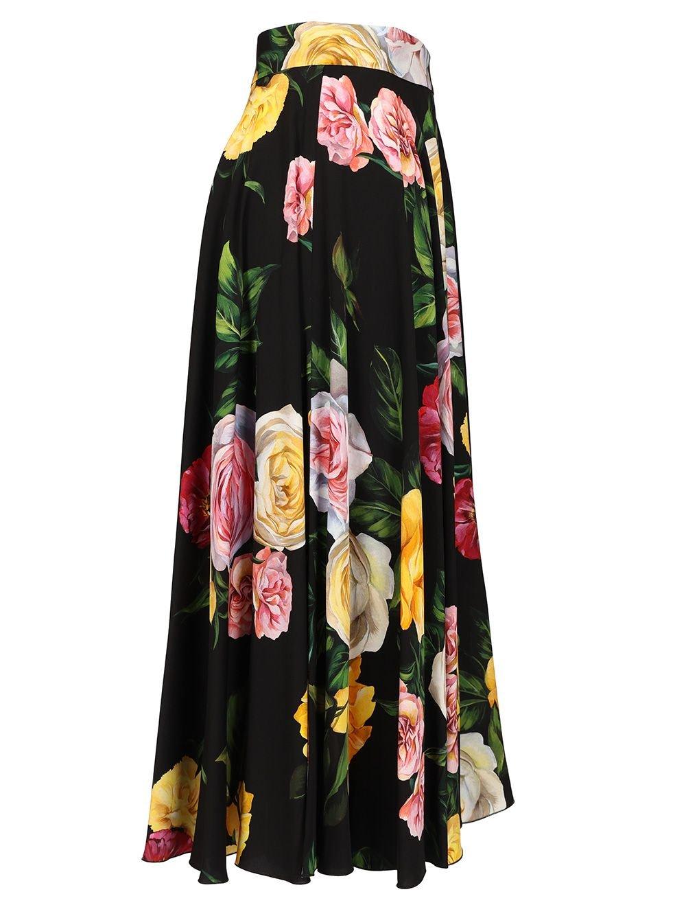 Dolce & Gabbana Floral Print Charmeuse Midi Skirt In Nero E Rosa