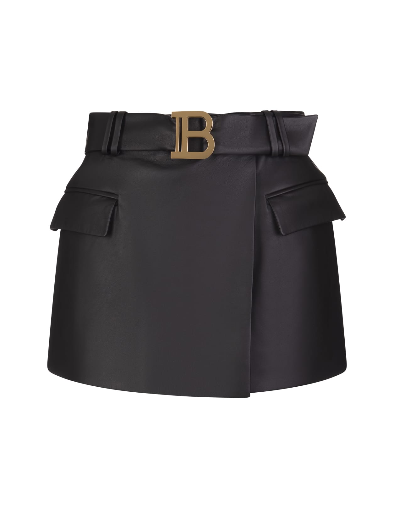 Balmain Low Waist Mini Skirt In Black Leather