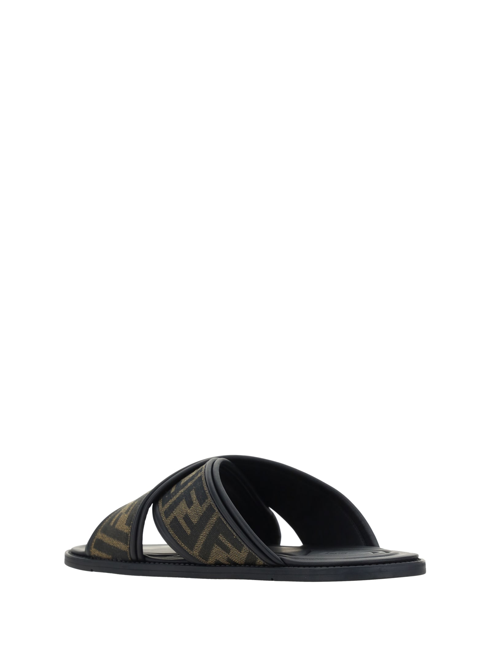 Fendi Double Crossed Band Logo Slides With Jacquard Ff Design In Black