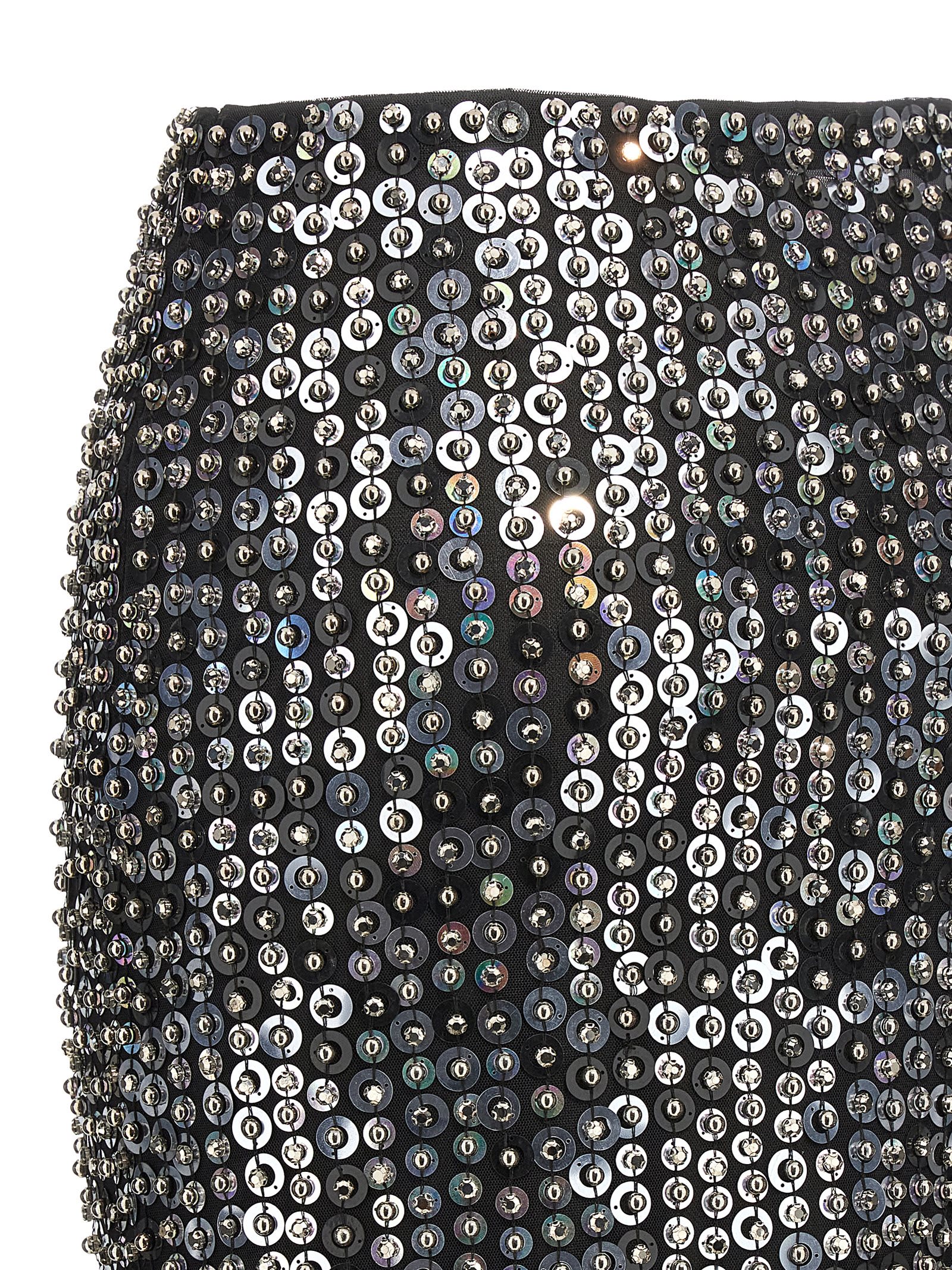 Pinko Fringed Black Sequined Midi Skirt With Removable Underskirt In Metallic
