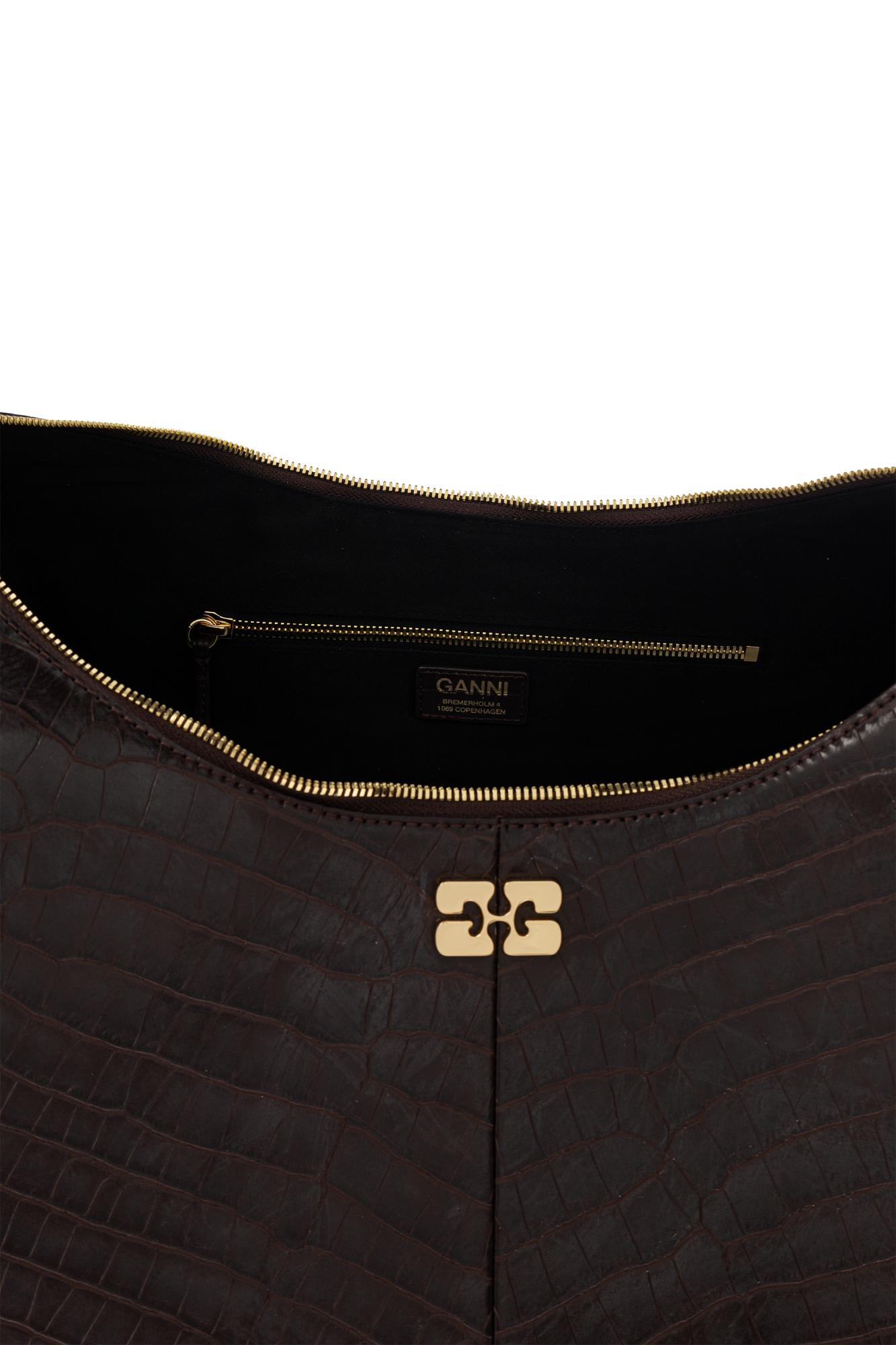 Ganni Xxl Croc-embossed Leather Shoulder Bag In Brown