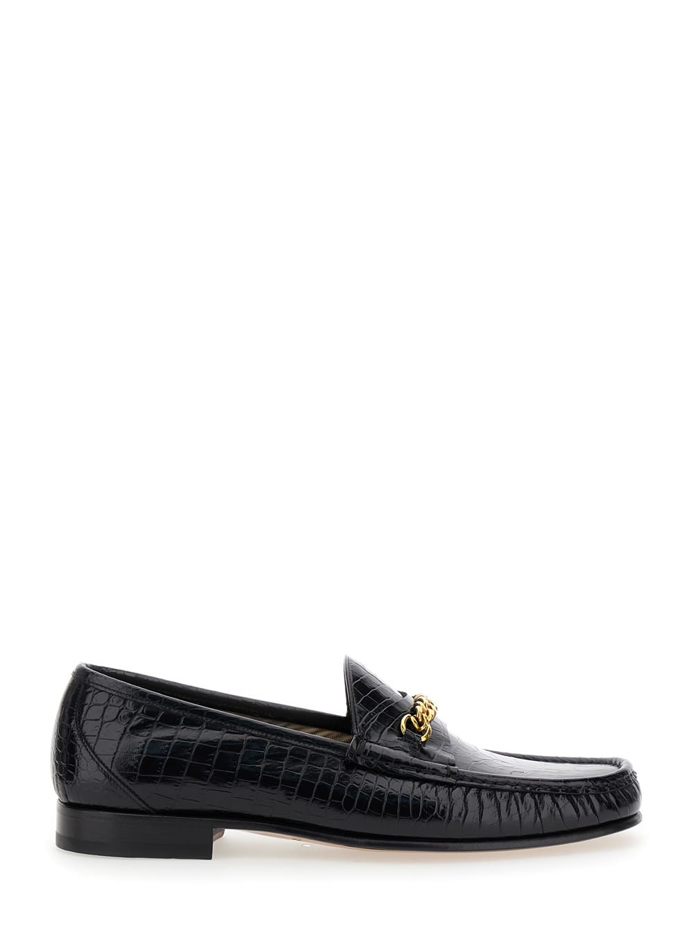 Shop Tom Ford Black Slip-on Loafers With Chain Detail In Croco Effect Leather Man