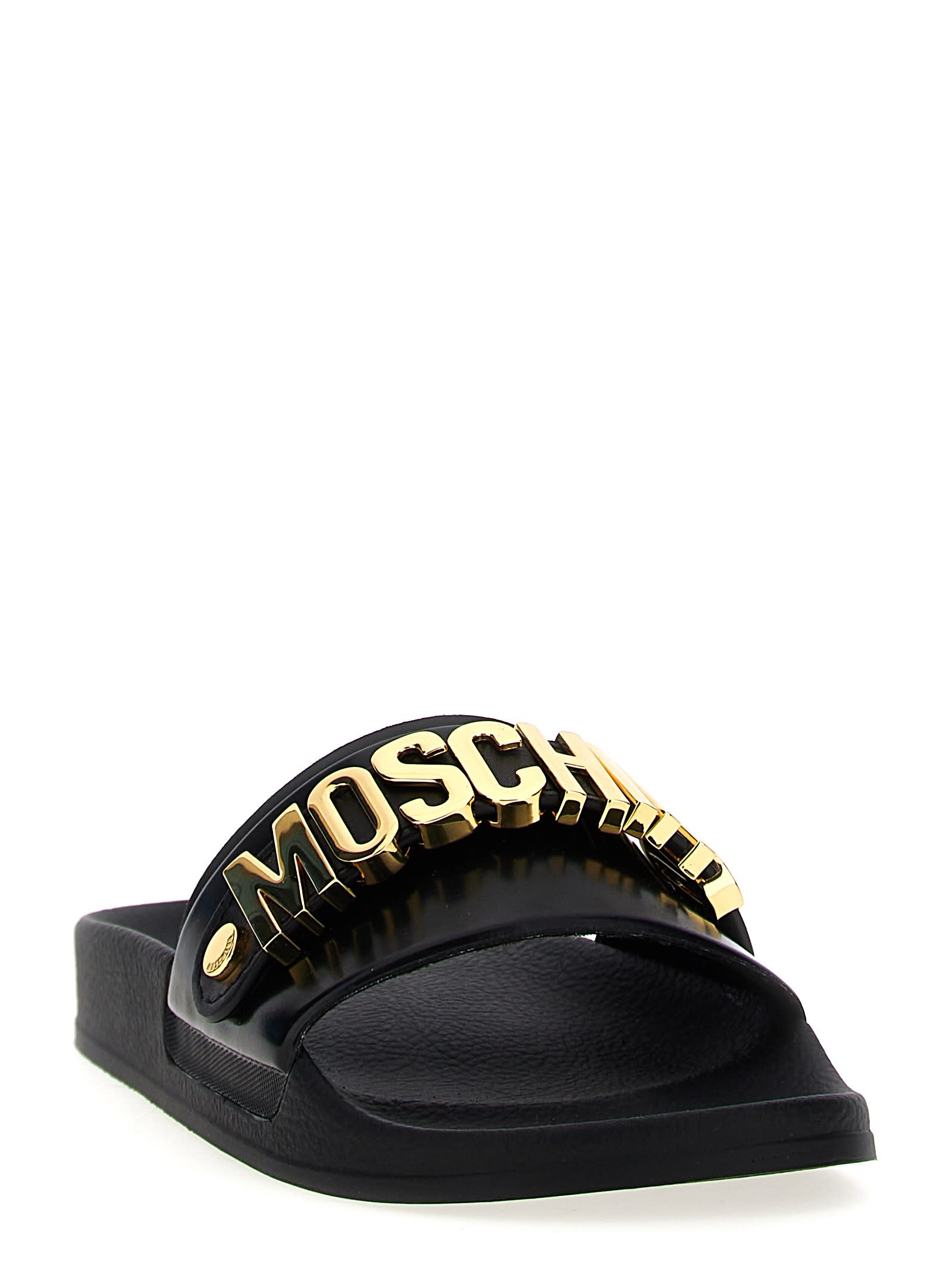 Shop Moschino Lettering Slides In Black