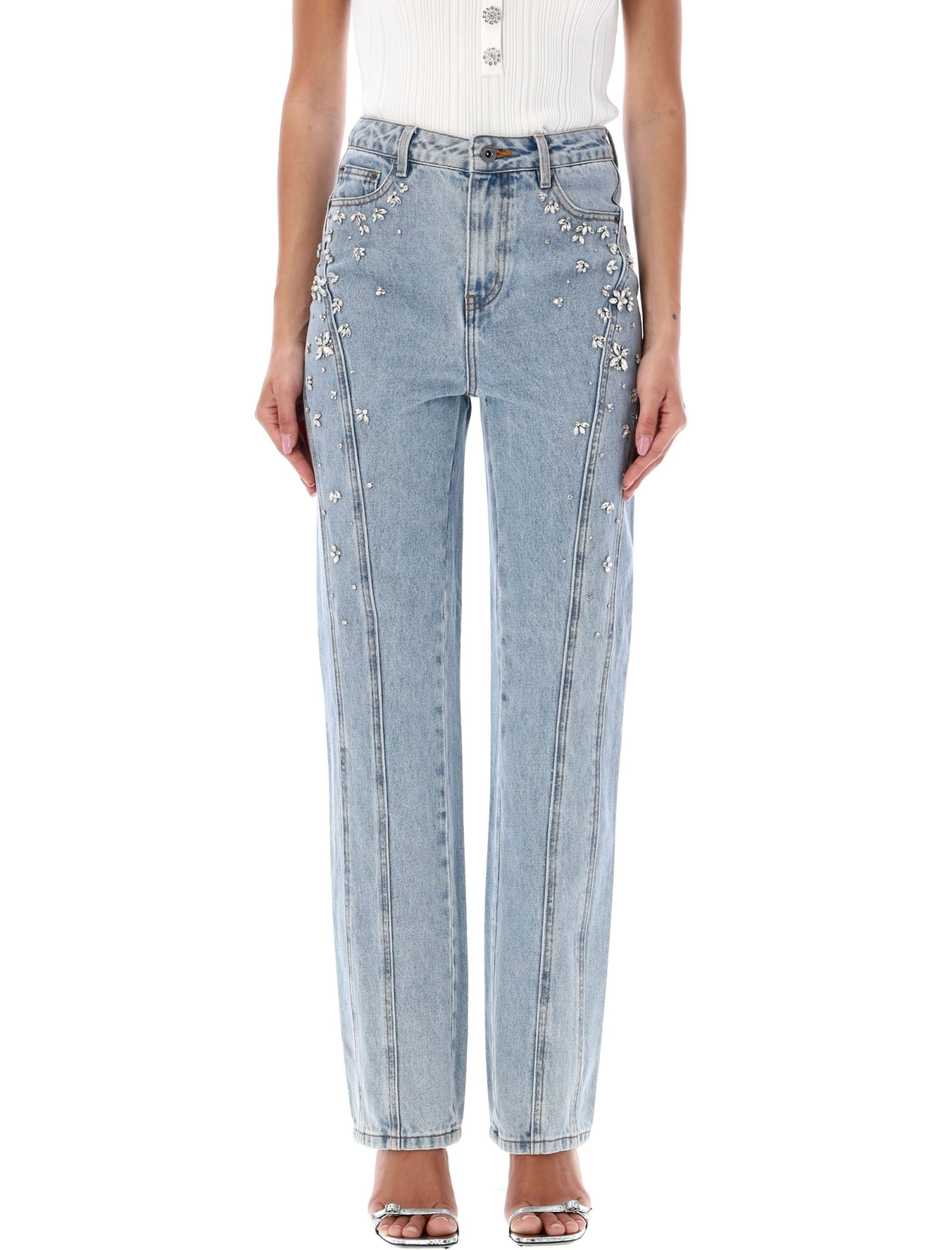 Shop Self-portrait Crystal Embellished Denim In Blue