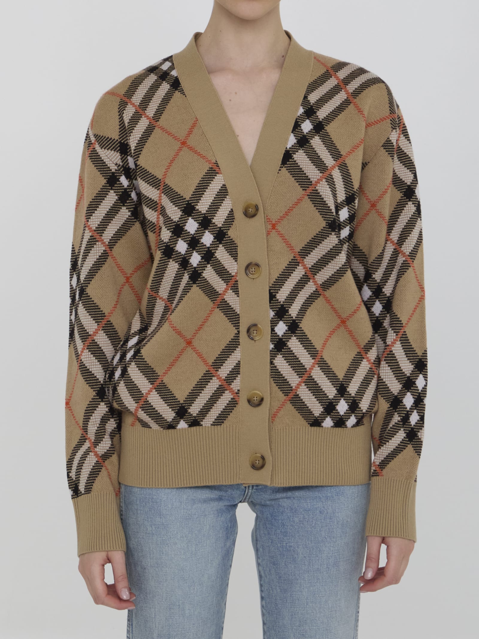 Shop Burberry Cardigan In Check Wool In Beige