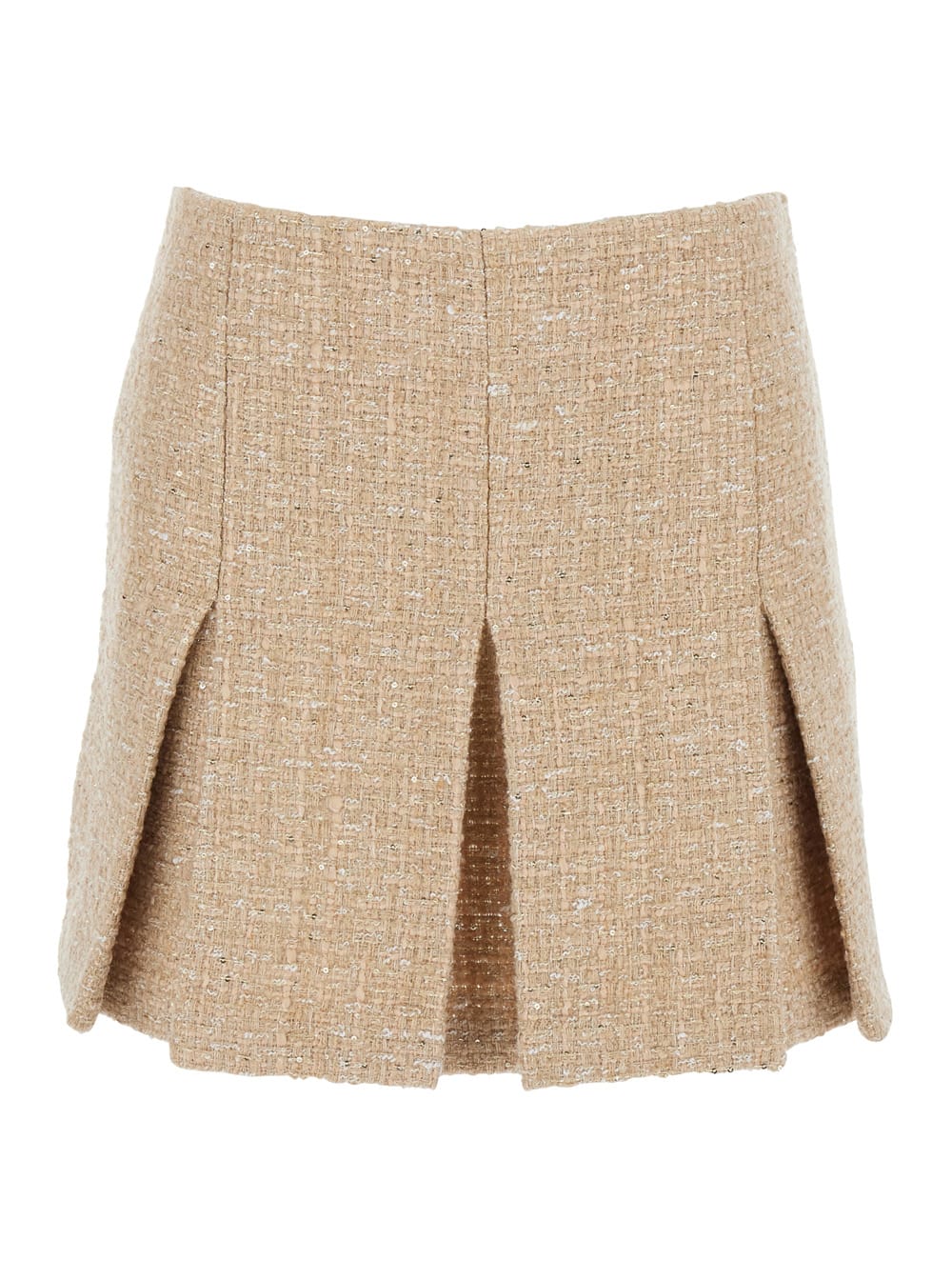 Twinset Beige Miniskirt With Pleated Details On The Front And Logo Plaque On The Rear In Tech Fabric Woman In Neutral
