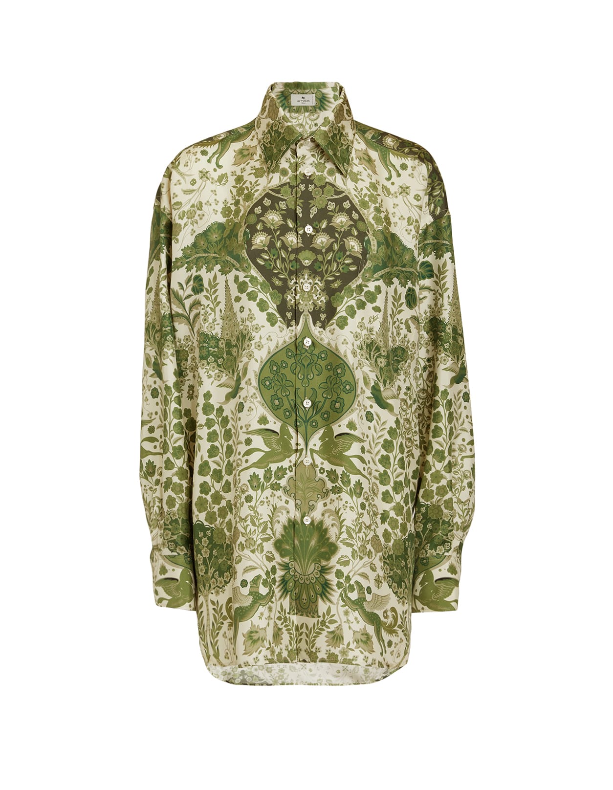 Etro Woman Shirt In White Silk With Green All-over Print