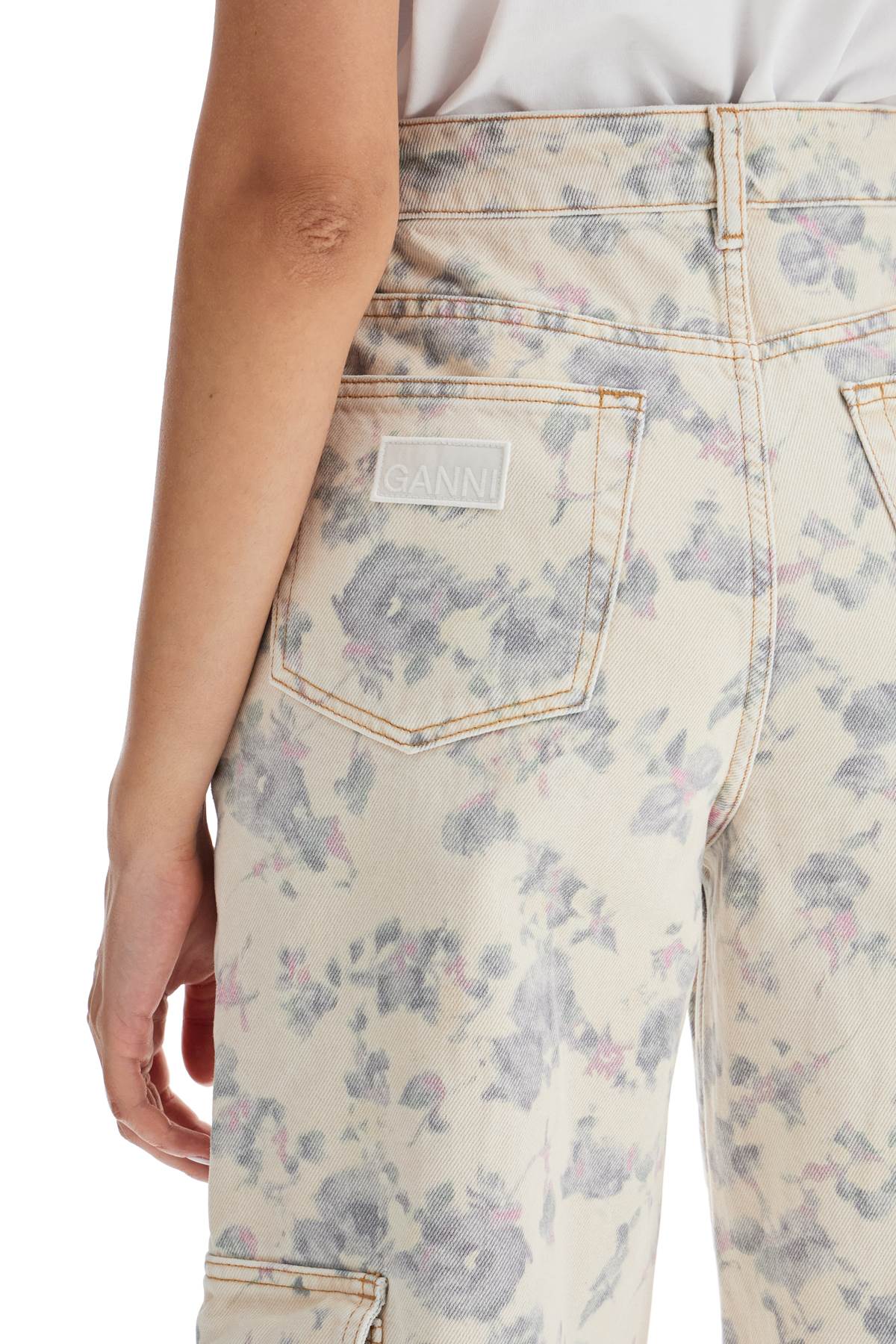 Shop Ganni Printed Cargo Jeans With Ang In Tofu (white)