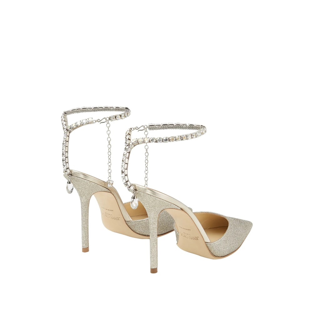 Jimmy Choo Saeda Glitter Crystal Ankle Strap Pointed Toe Pump In White