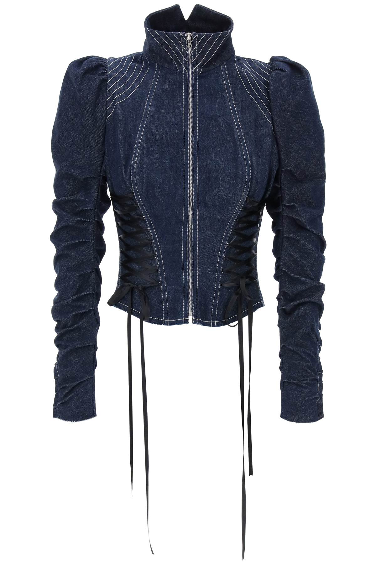 Shop Dilara Findikoglu Denim Jacket With Corset Detailing In Indigo (blue)