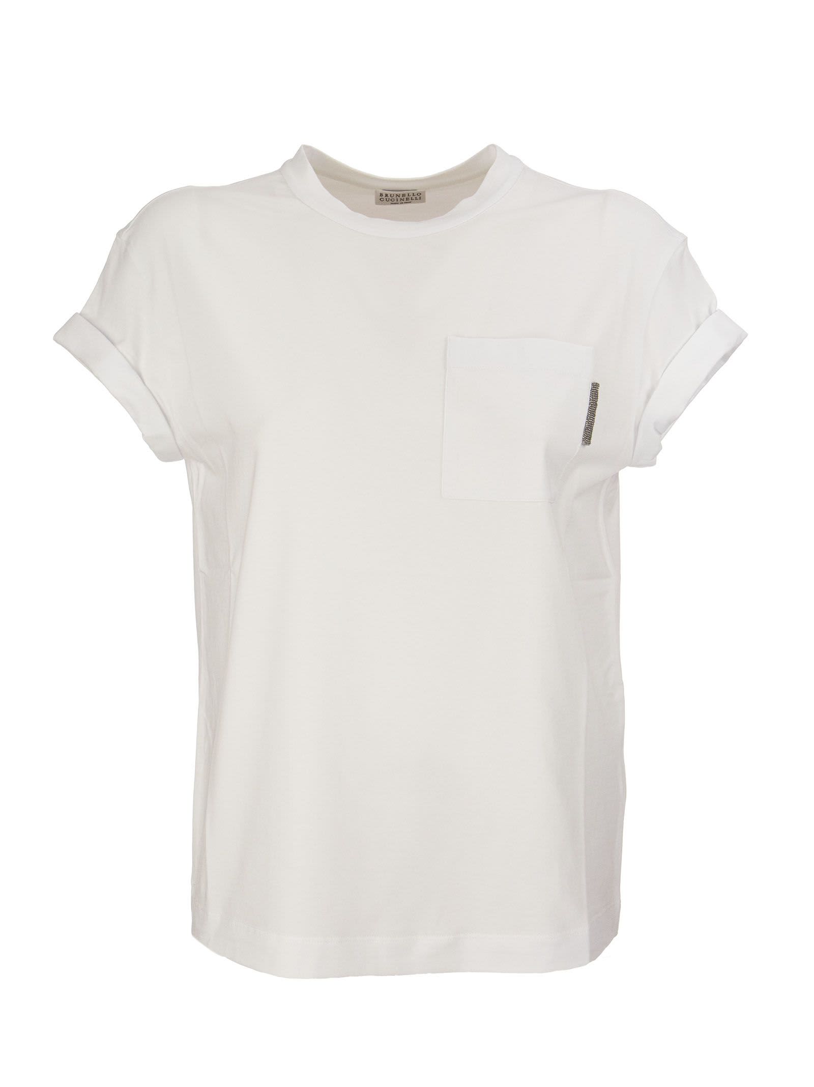 Brunello Cucinelli Stretch Cotton Jersey T-shirt With Shiny Tab In White
