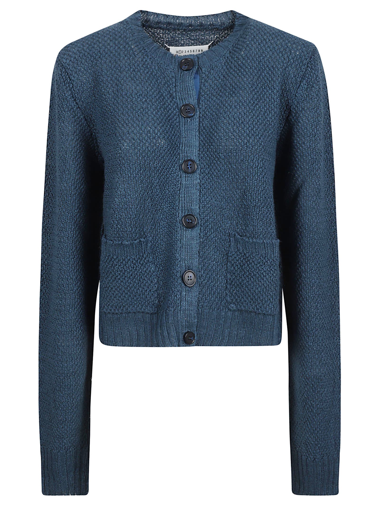 Maison Margiela Patched Pocket Rib Trim Woven Cardigan In Blue