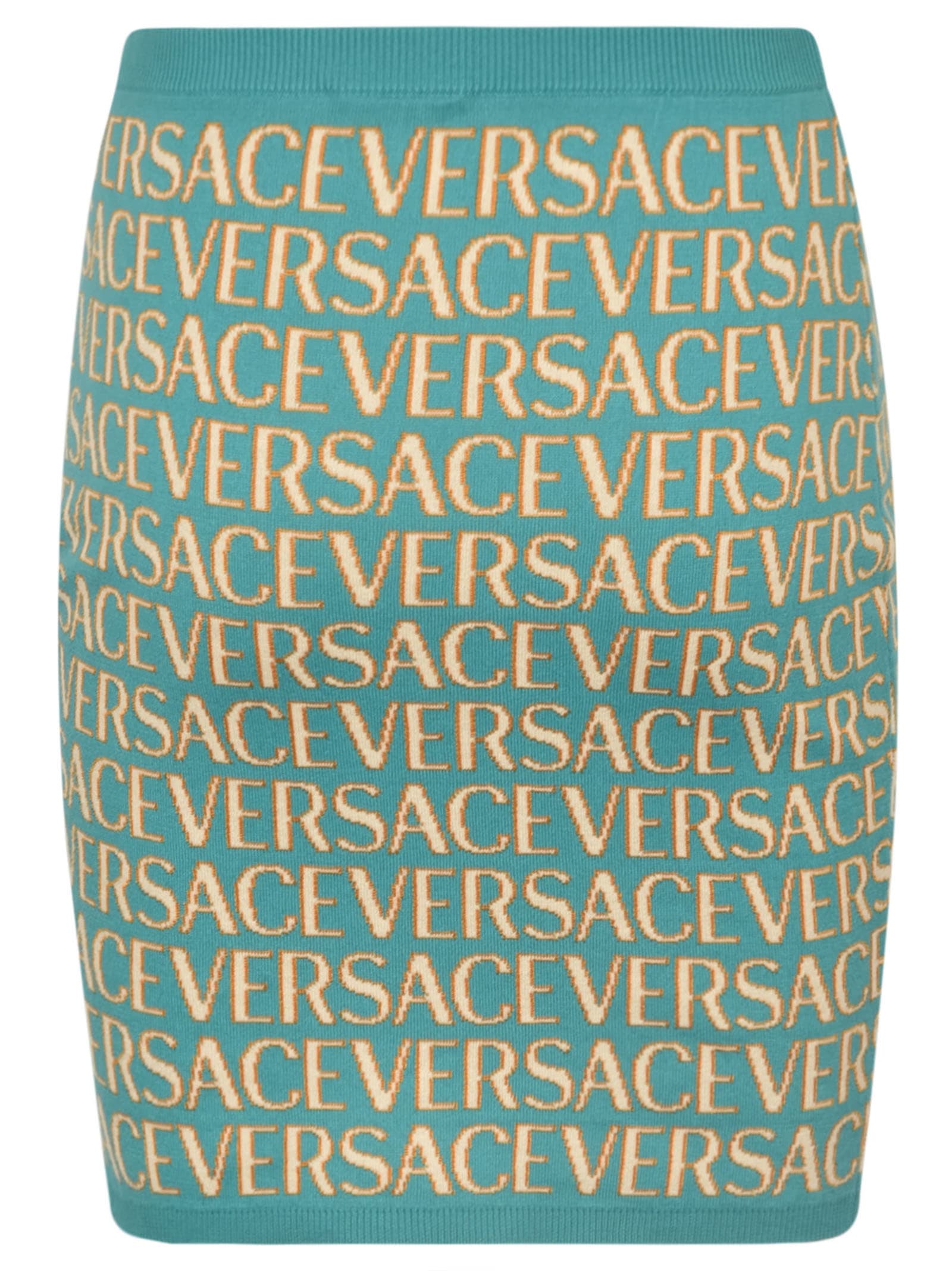 Shop Versace Logo Monogram Skirt In Turquoise+light Blue