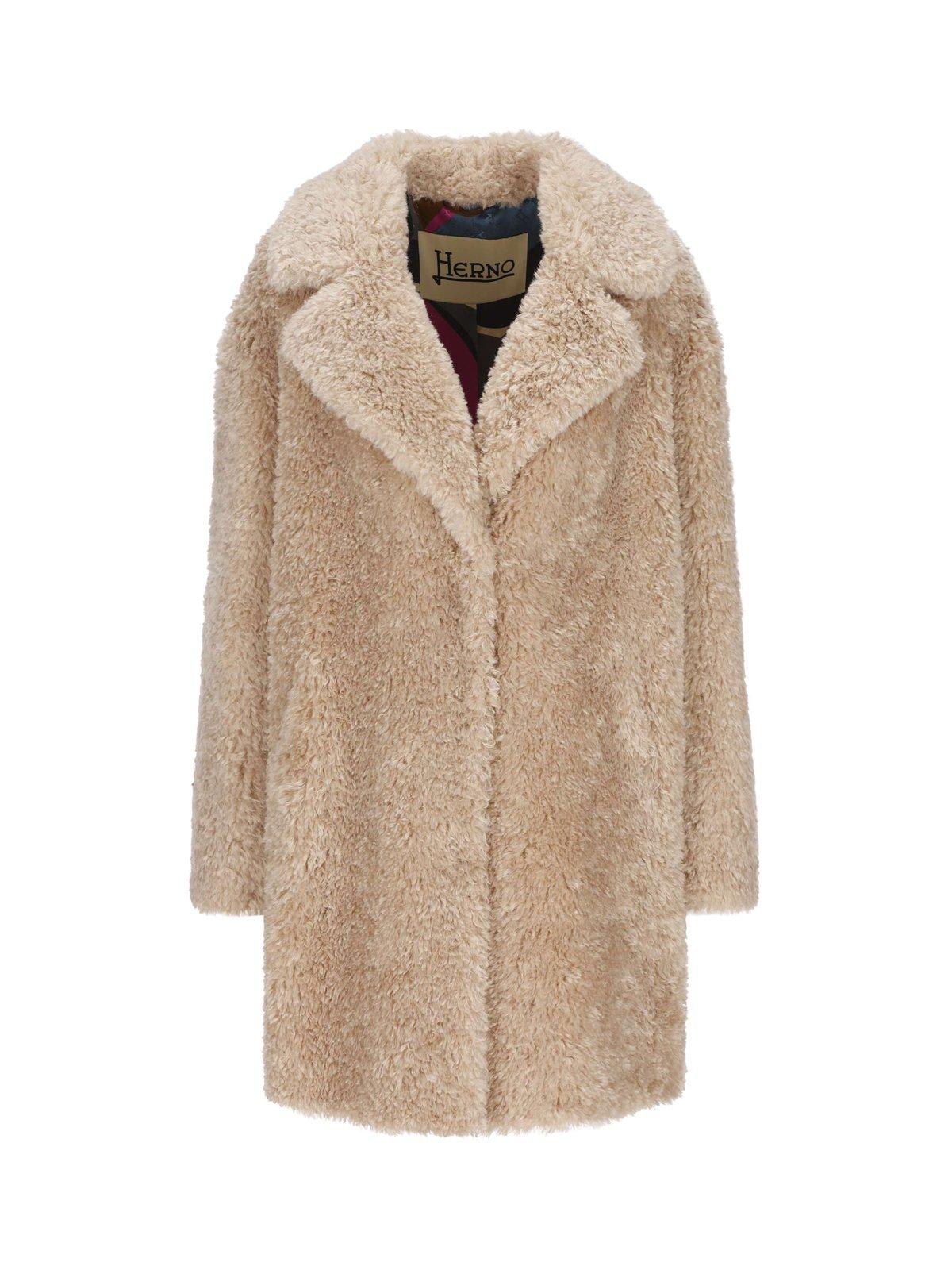 Herno Faux-fur Single-breasted Coat In Milk