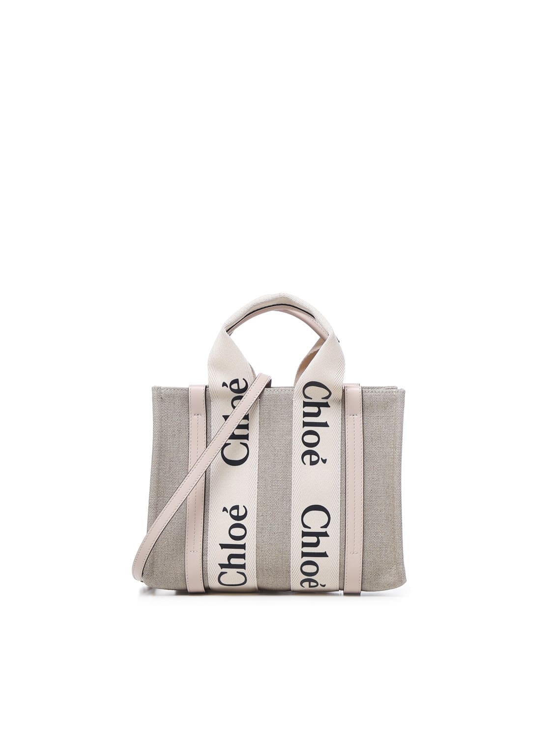 Shop Chloé Woody Bag Medium In Linen Canvas In Cement Pink