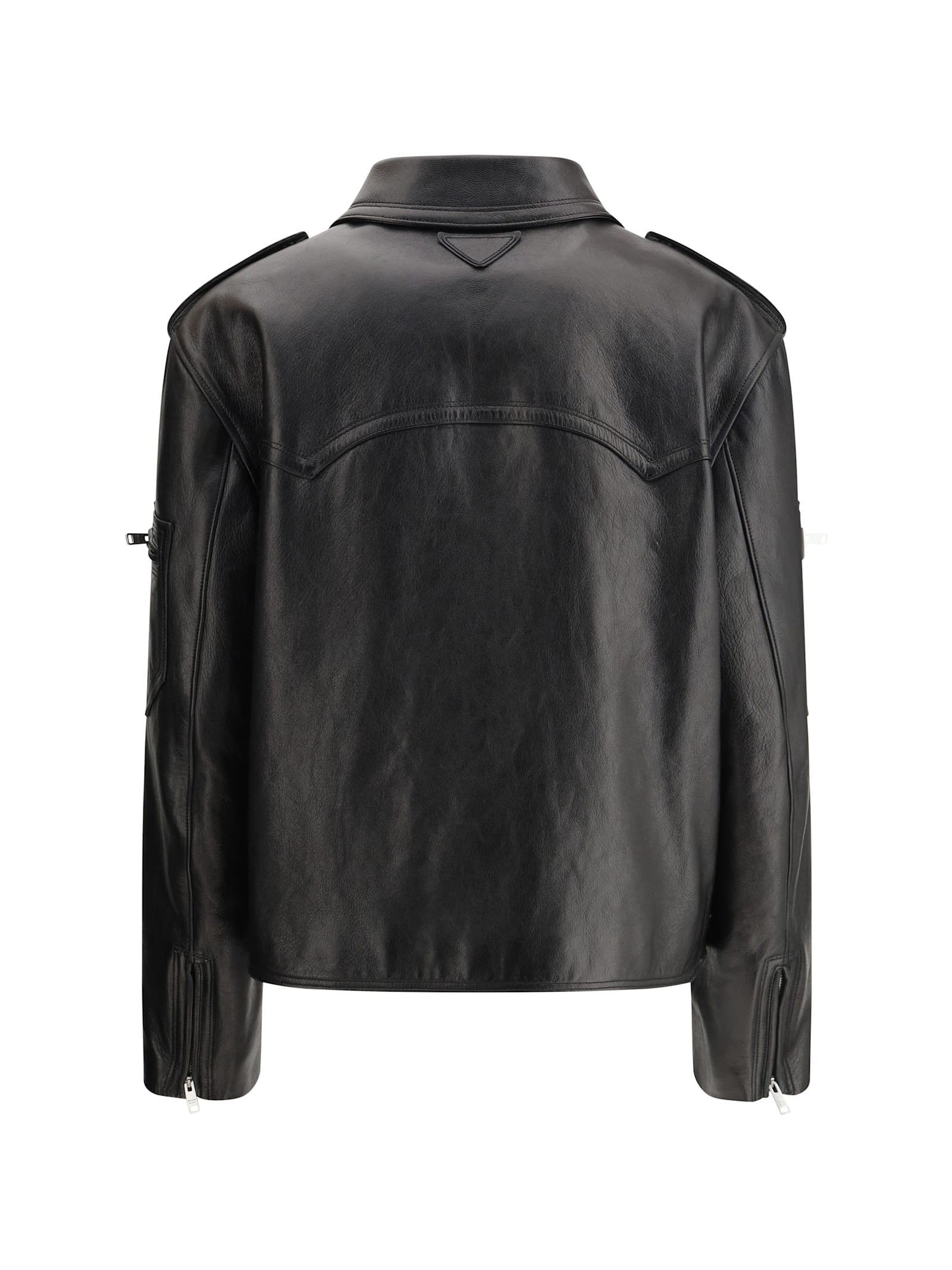 Prada Biker Leather Jacket In Nero