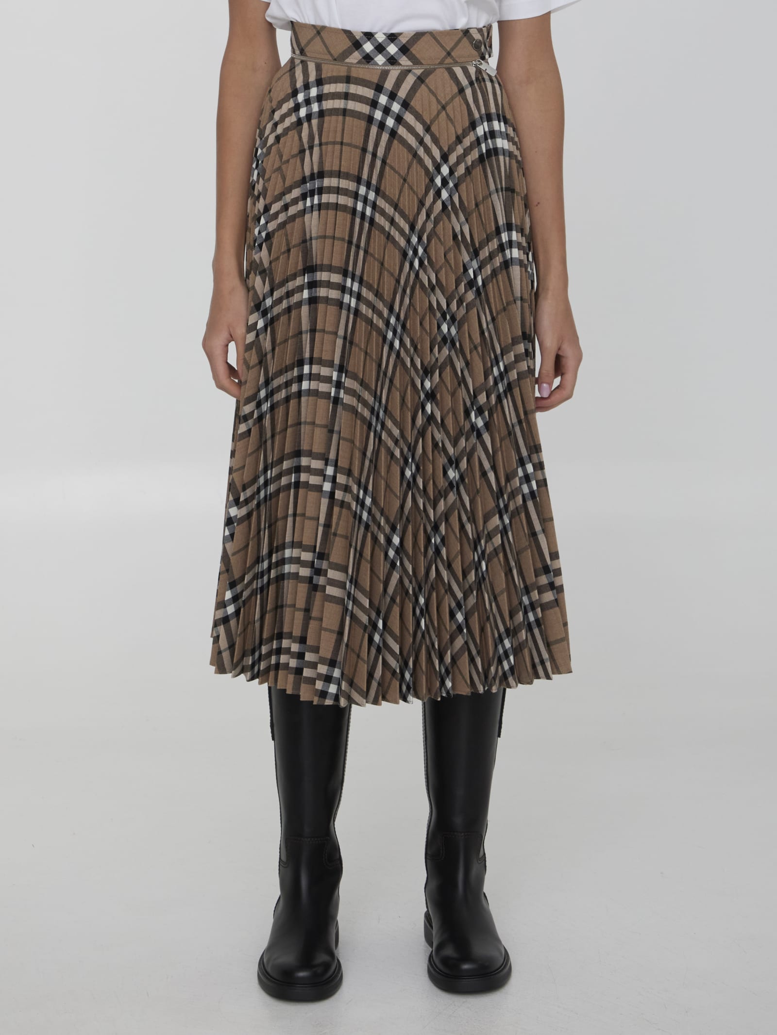 Shop Burberry Check Pleated Skirt In Brown