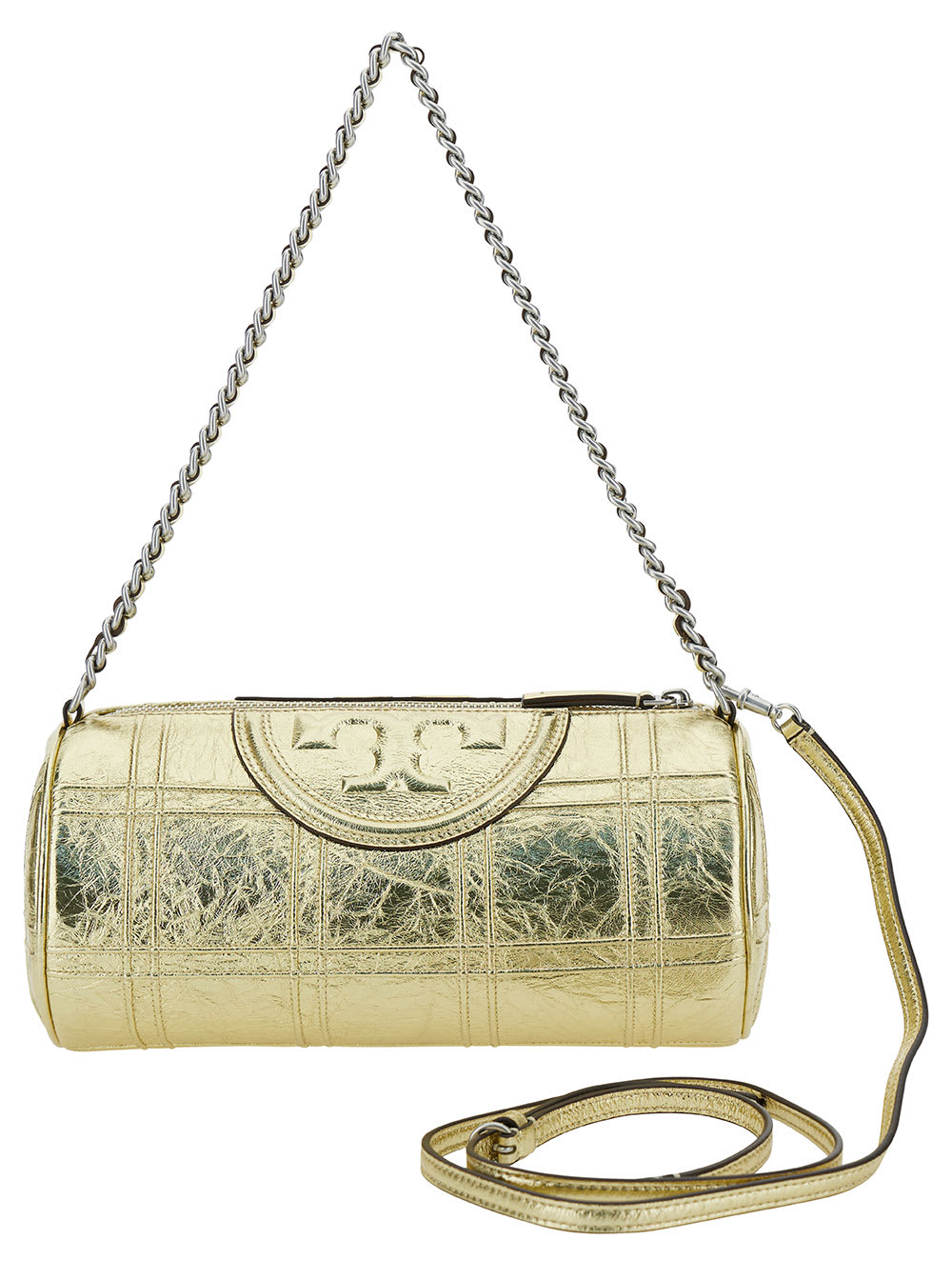 Shop Tory Burch Gold Shoulder Bag With Embossed Double T Logo In Metallic Leather Woman