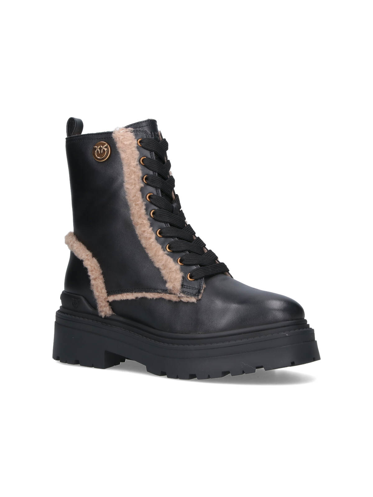 Pinko Black Leather Ankle Boots With Beige Shearling Details In Black