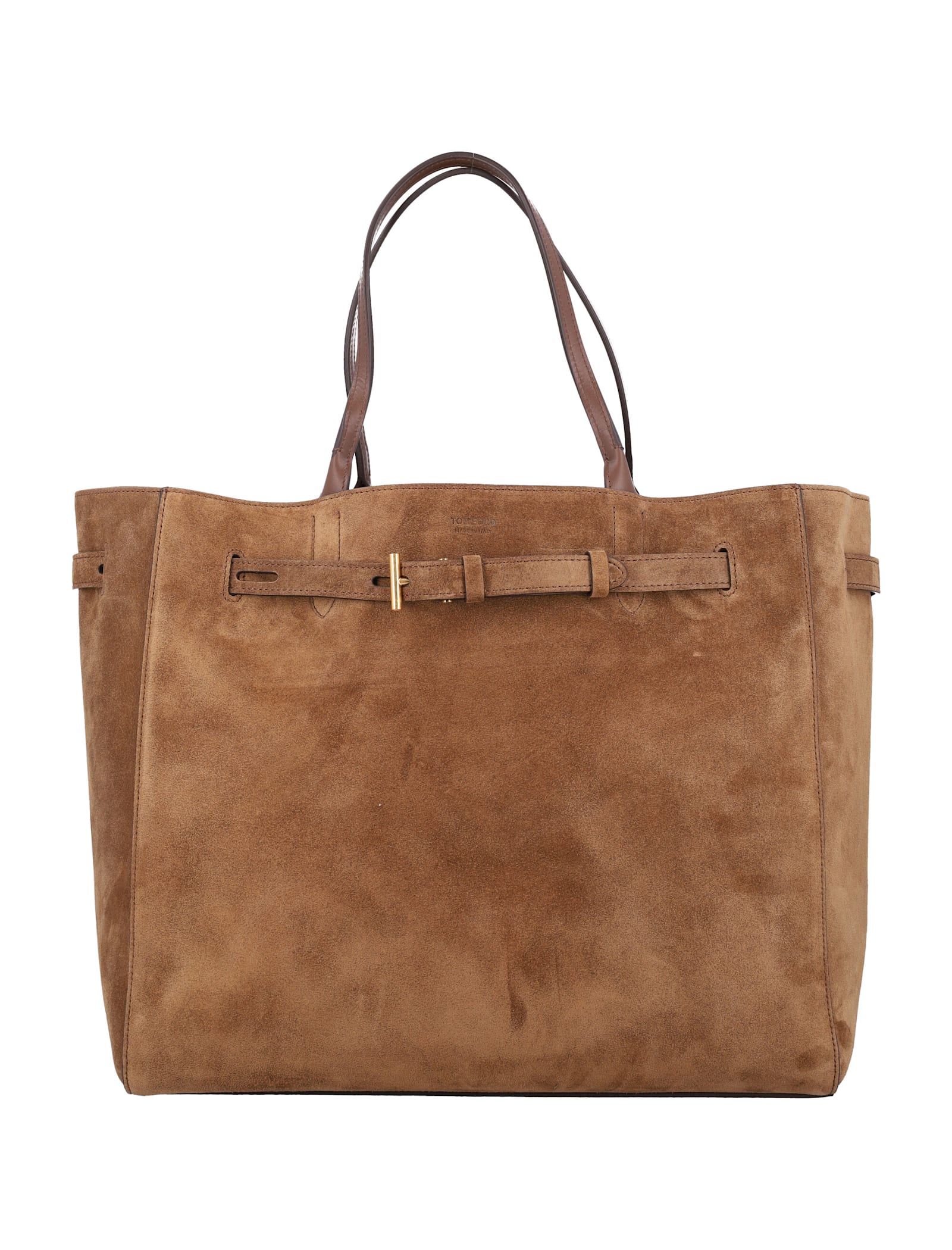 Tom Ford Rectangular Suede Tote With Belt Detail In Brown