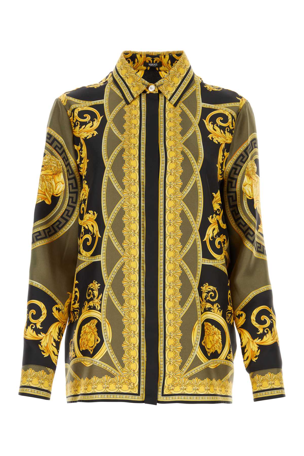 Shop Versace Printed Silk Shirt In Black