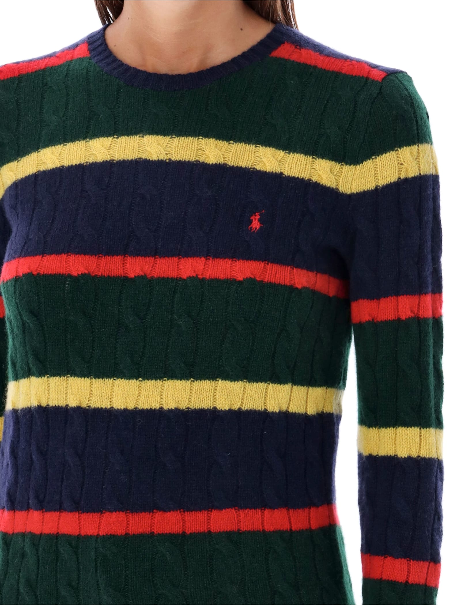 Shop Polo Ralph Lauren Julianna Cable Knit Sweater In Navy Multi Stripes