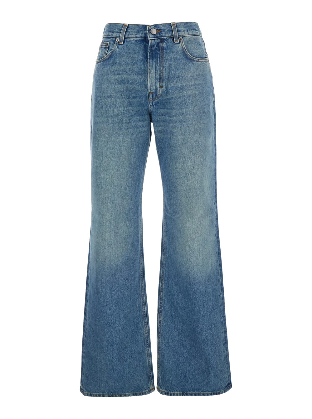 korea Blue Jeans With Wide Leg And Logo Patch On The Rear In Denim Woman