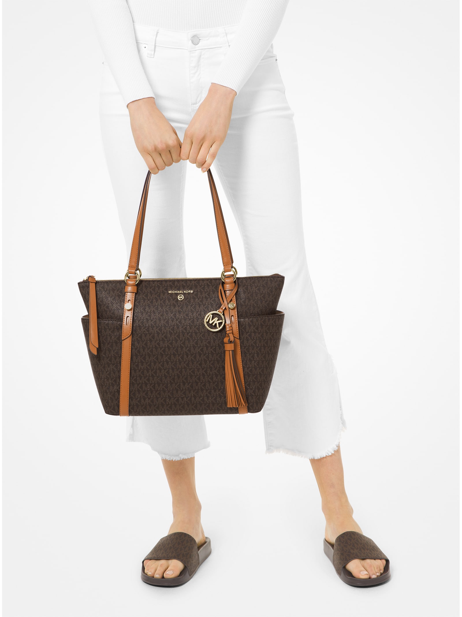 Shop Michael Kors Medium Sullivan Tote Bag With Top Zip And Logo In Brn Acorn