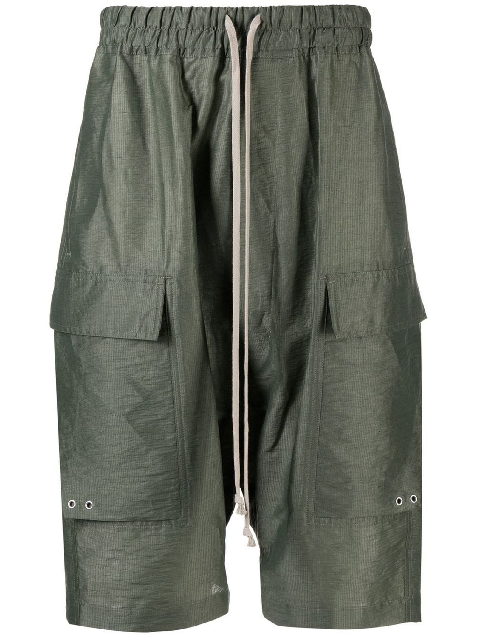 Rick Owens Green Linen Cargo Pods Drop-crotch Shorts | Smart Closet